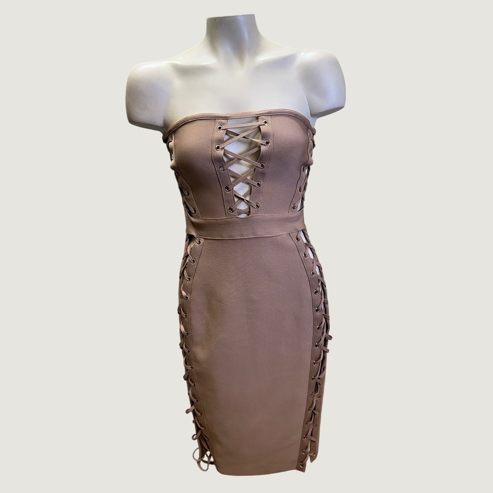 AKIRA Bandage Dress Women Medium Tan Lace Up Strapless Bodycon Midi Edgy Glam